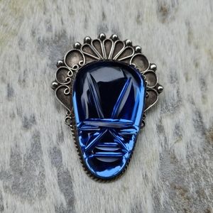 Mexico Blue Glass Face Mask Brooch Pendant 925 Stamped